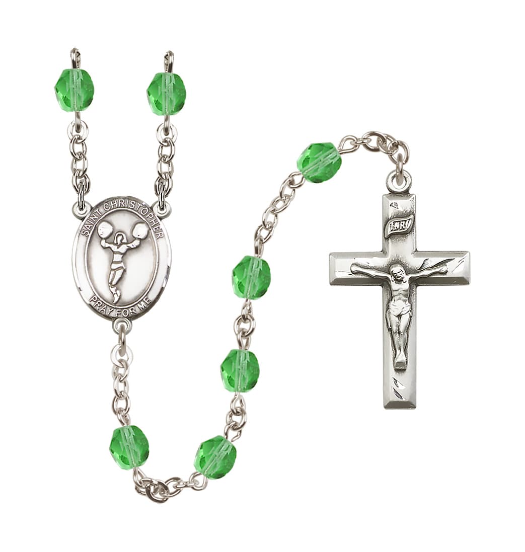 Bliss St Christopher Cheerleading 6mm Fire Polished Rosary in Peridot Crystal,