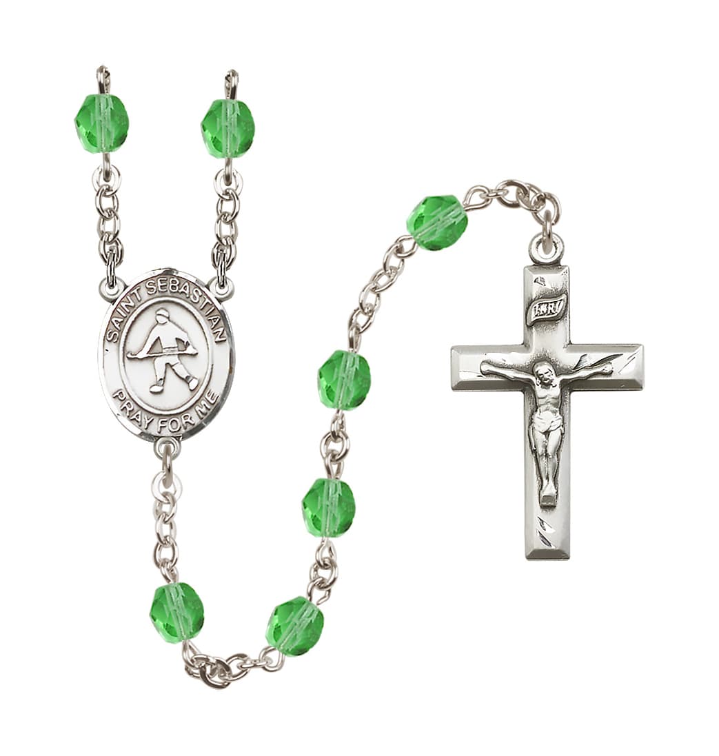 Bliss Silver Plated 6mm Fire Polished Saint Sebastian/Field Hockey Rosary in Peridot,