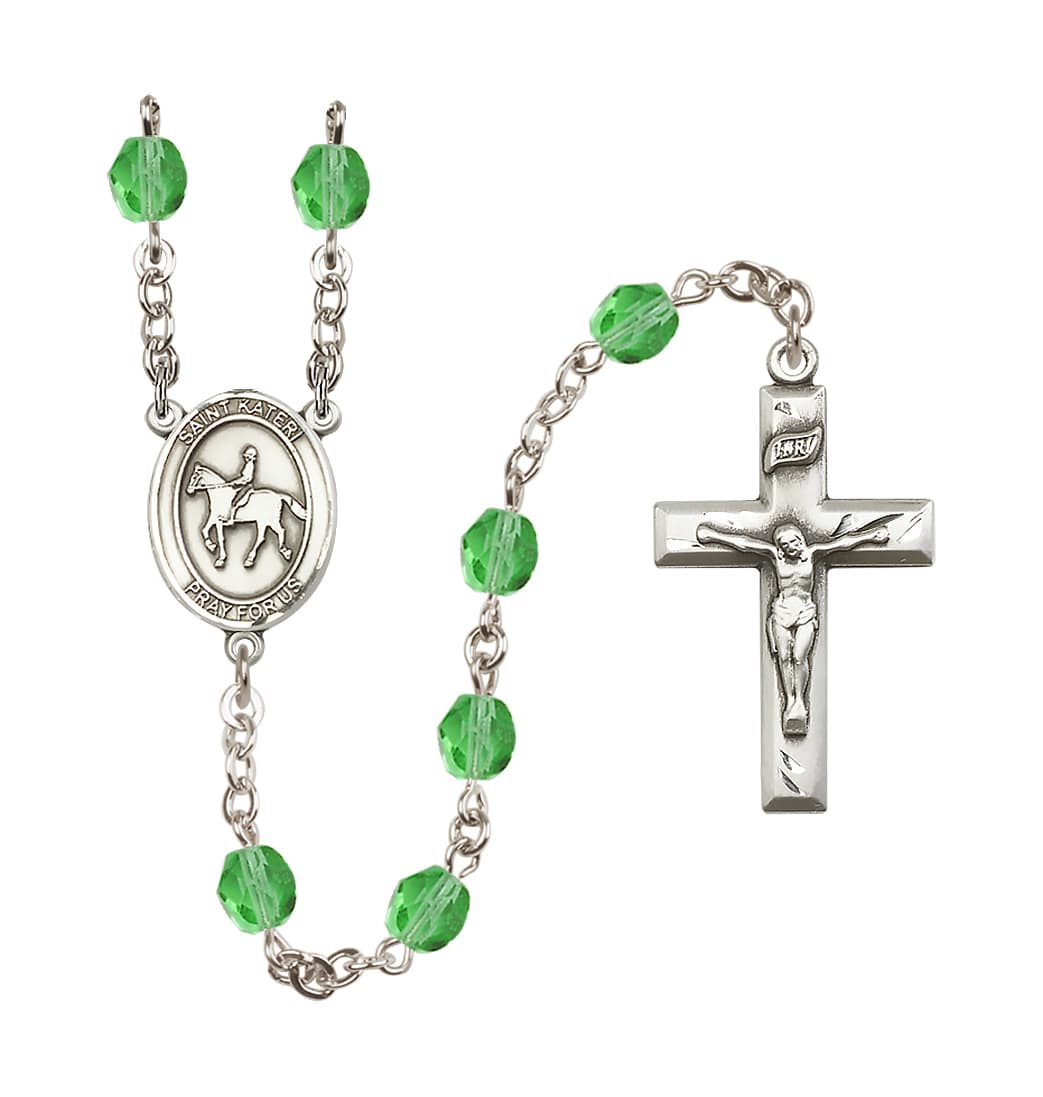 Bliss Aug/Peridot Birthstone St Kateri Equestrian 6mm Fire Polished Rosary,