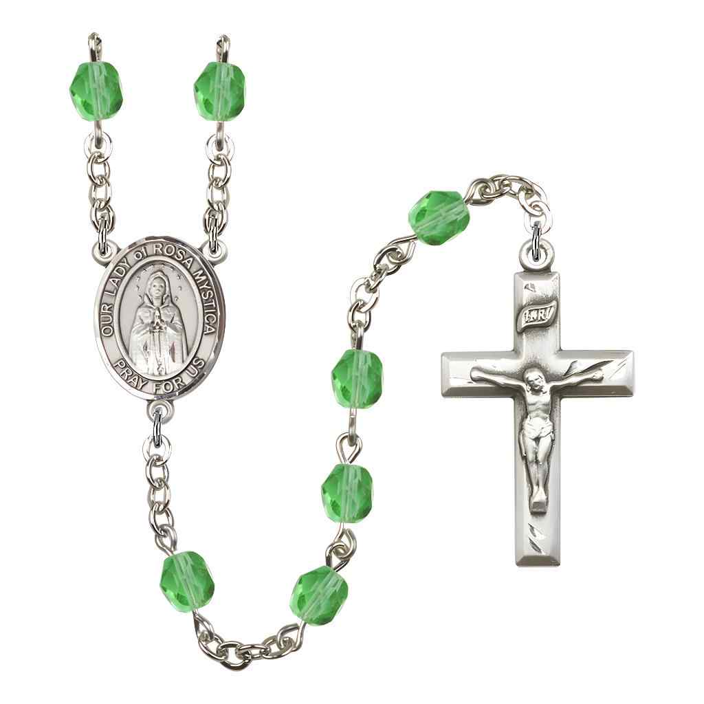 Our Lady of Rosa Mystica Rosary with Pewter Small Crucifix and Centerpiece, Birthstone 6mm Fire Polished Peridot Beads for August