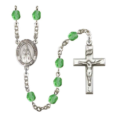 Our Lady of Rosa Mystica Rosary with Pewter Small Crucifix and Centerpiece, Birthstone 6mm Fire Polished Peridot Beads for August