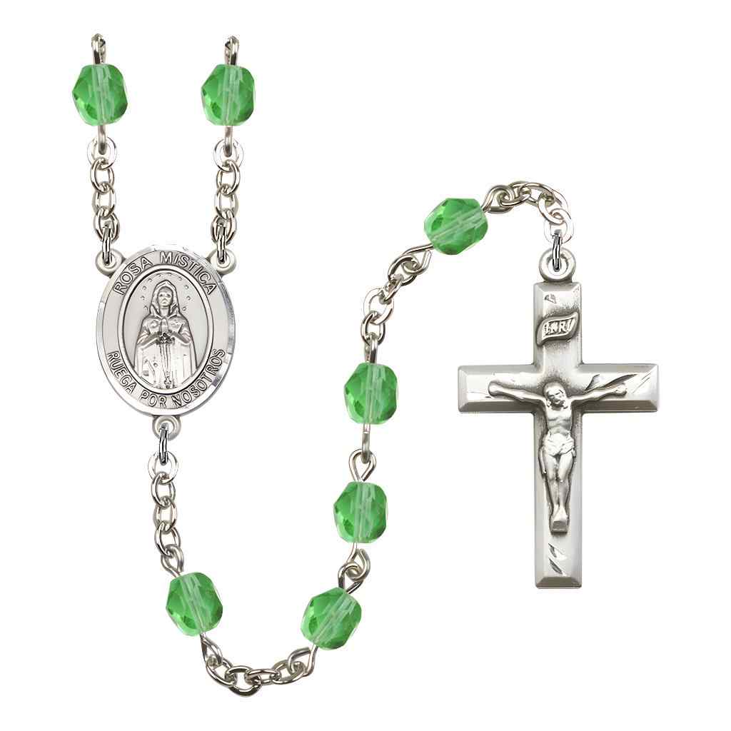 Spanish Rosa Mystica Rosary with 14kt Gold Traditional Crucifix and Centerpiece, Birthstone 6mm Austrian Crystal Peridot Beads for August