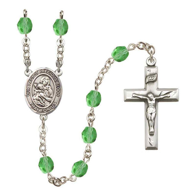Our Lady of the Precious Blood Rosary with Pewter Small Crucifix and Centerpiece, Birthstone 6mm Fire Polished Peridot Beads for August