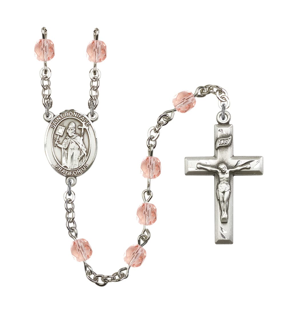 Bliss St Boniface Birthstone October-Rose Fire Polished Silver-Plated Rosary,