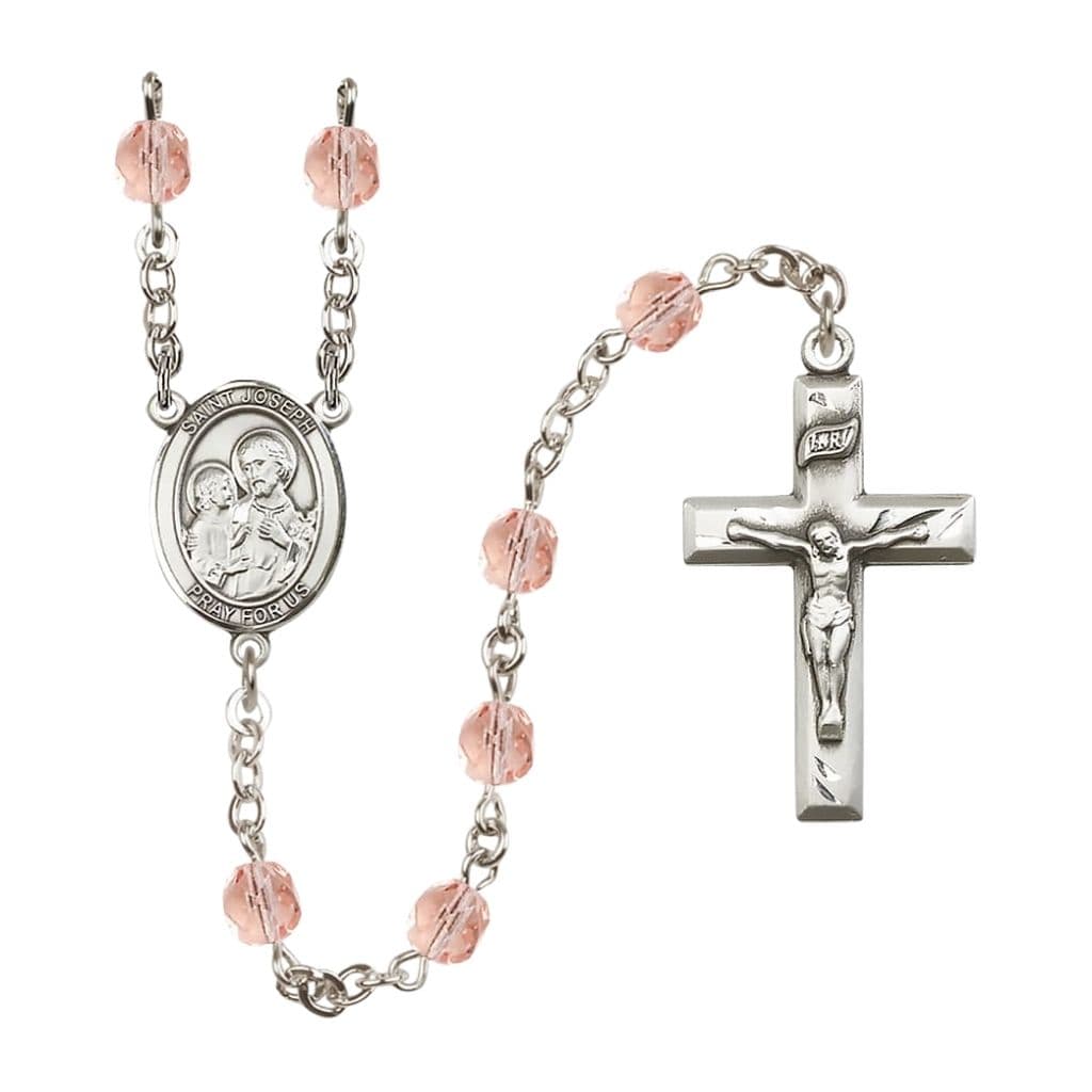 St. Joseph Rosary with Pewter Small Crucifix and Centerpiece, Birthstone 6mm Fire Polished Pink Rose Beads for October