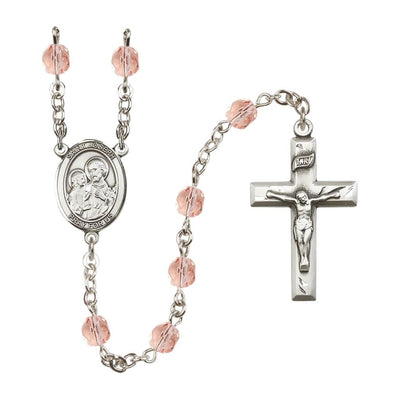 St. Joseph Rosary with Pewter Small Crucifix and Centerpiece, Birthstone 6mm Fire Polished Pink Rose Beads for October