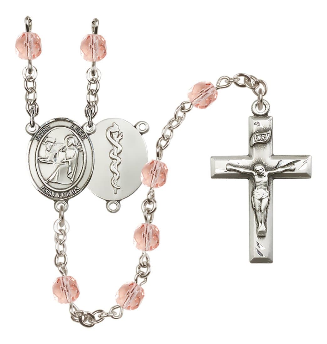 Bliss Silver Plated 6mm Fire Polished Saint Luke the Apostle / Doctor Rosary in Pink,