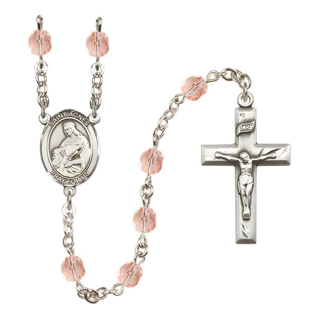 St. Agnes of Rome Rosary with Pewter Small Crucifix and Centerpiece, Birthstone 6mm Fire Polished Pink Rose Beads for October