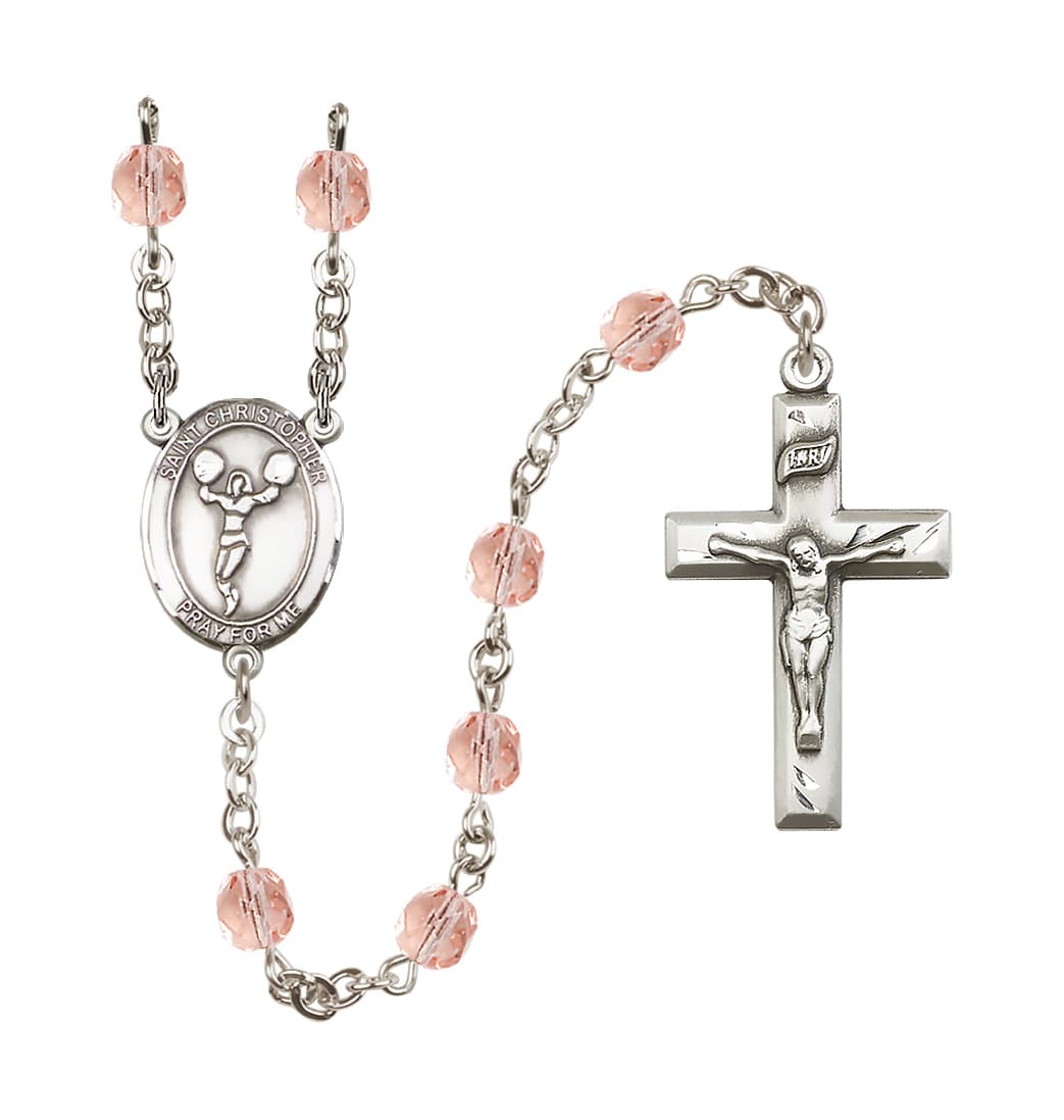 Bliss St Christopher Cheerleading 6mm Fire Polished Rosary in Pink Crystal,