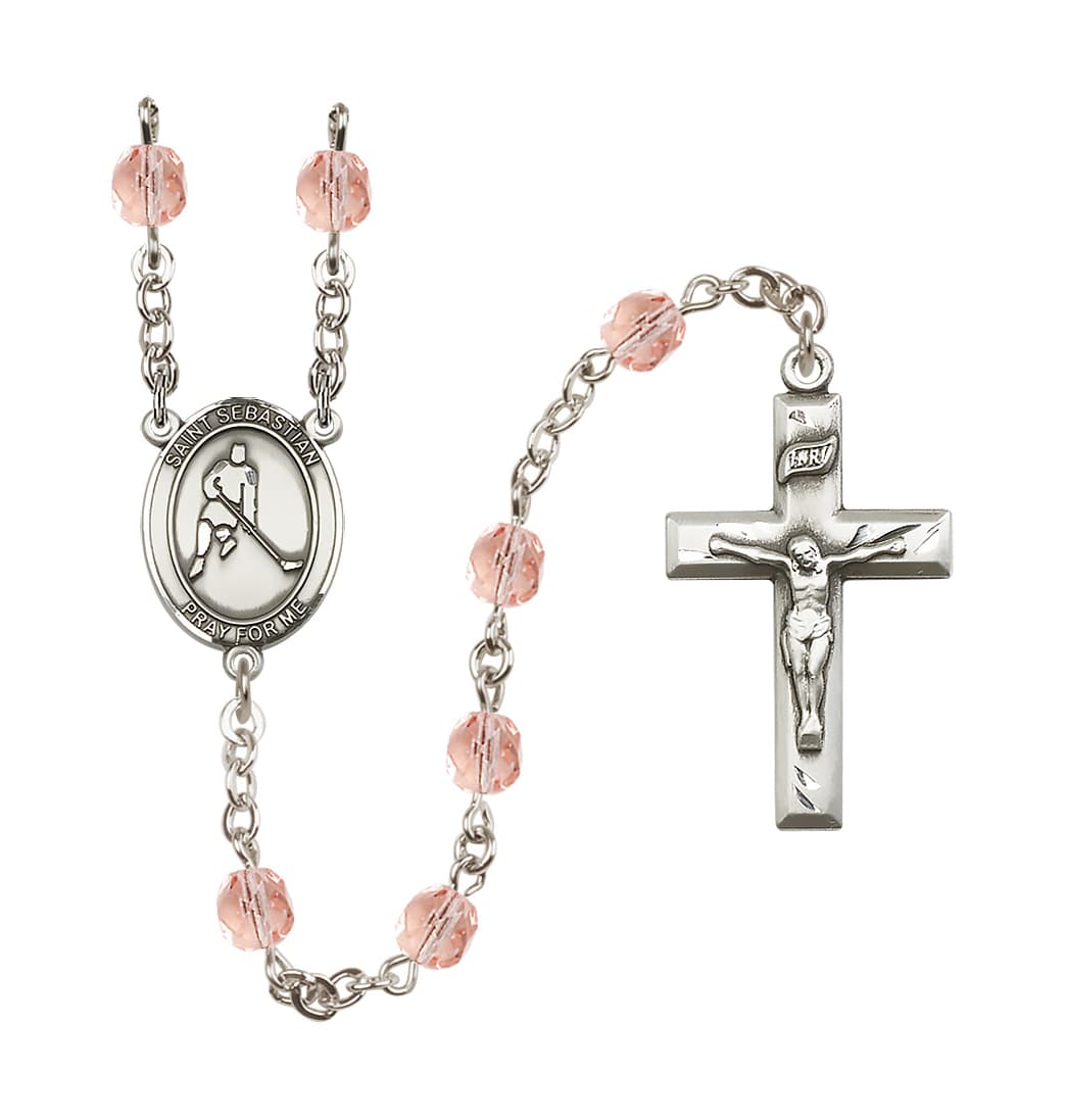 Bliss St Sebastian Ice Hockey 6mm Fire Polished Rosary in Pink,