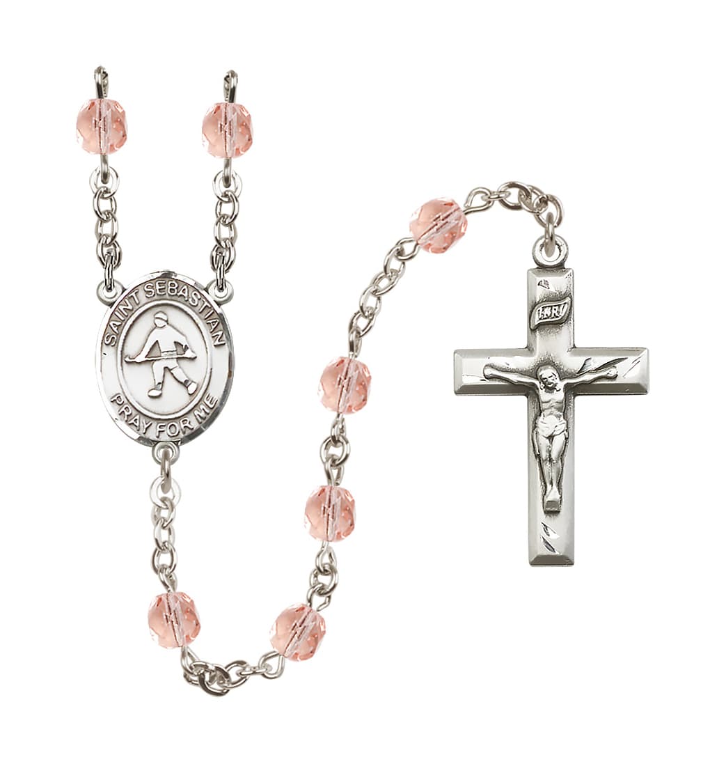 Bliss Silver Plated 6mm Fire Polished Saint Sebastian/Field Hockey Rosary in Pink,