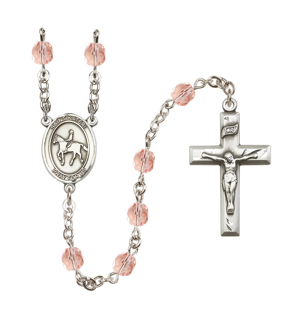 Bliss Oct/Pink Birthstone St Kateri Equestrian 6mm Fire Polished Rosary,