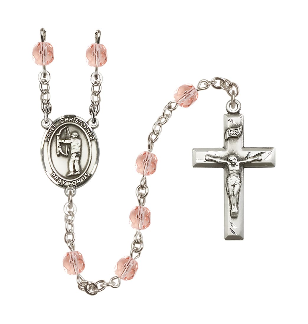 Bliss Oct/Pink St Christopher Archery 6mm Fire Polished Birthstone Rosary,