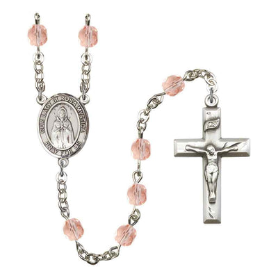 Our Lady of Rosa Mystica Rosary with Pewter Small Crucifix and Centerpiece, Birthstone 6mm Fire Polished Pink Rose Beads for October