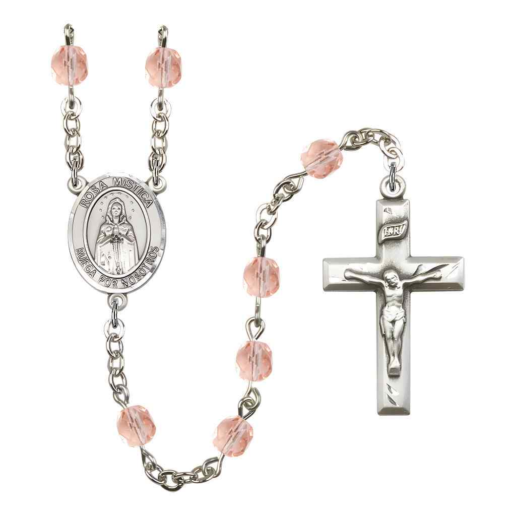 Spanish Rosa Mystica Rosary with 14kt Gold Traditional Crucifix and Centerpiece, Birthstone 6mm Austrian Crystal Pink Rose Beads for October
