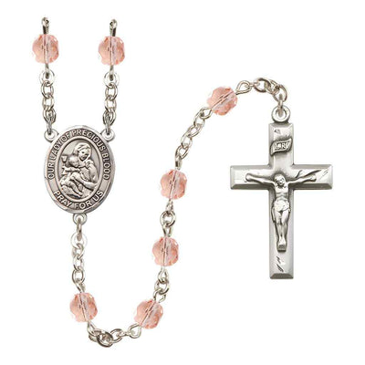 Our Lady of the Precious Blood Rosary with Pewter Small Crucifix and Centerpiece, Birthstone 6mm Fire Polished Pink Rose Beads for October