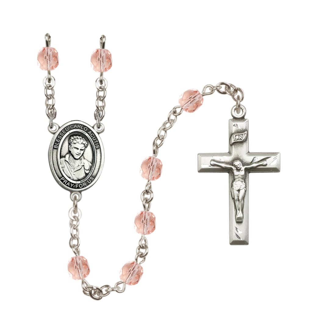 Bliss Child's Blessed Carlo Acutis Birthstone Crystal Rosary,Pink/ Oct,