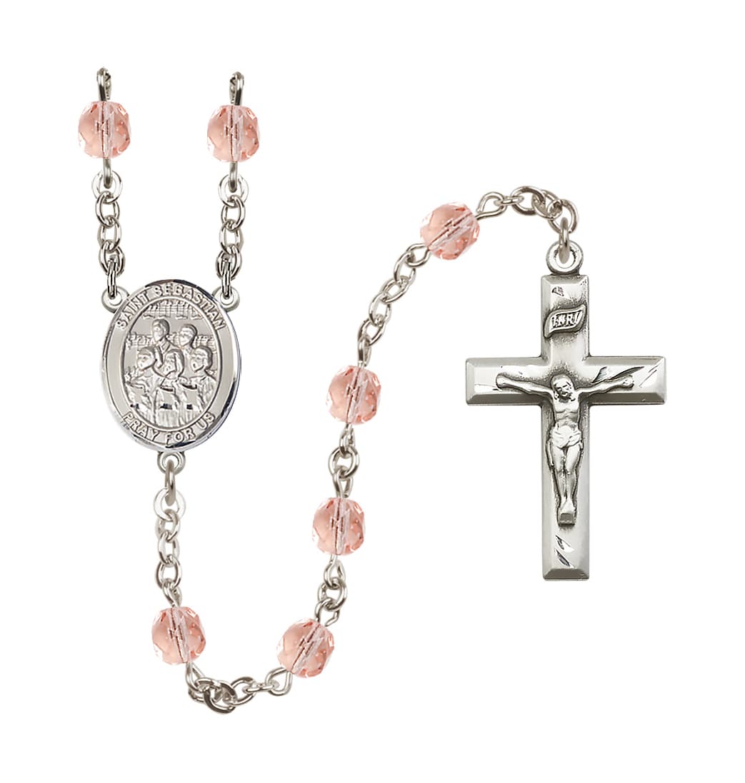 Bliss St Sebastian Choir 6mm Fire Polished Pink/Oct Birthstone Rosary,