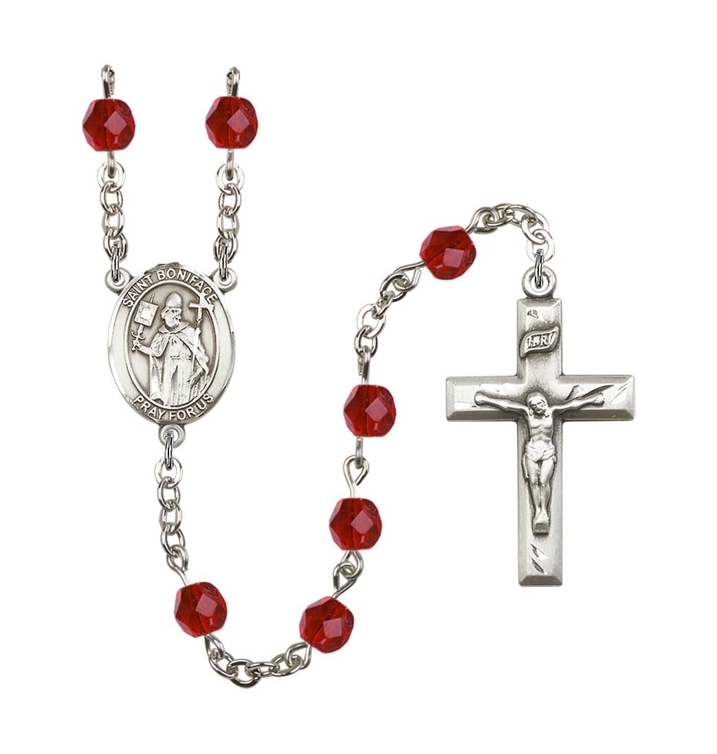 Bliss St Boniface Birthstone Ruby July Fire Polished Silver-Plated Rosary,