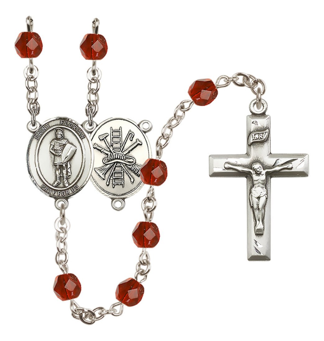 Bliss St Florian Firefighter Center Fire Polished Birthstone Rosary,Birthstone Ruby Ju,y