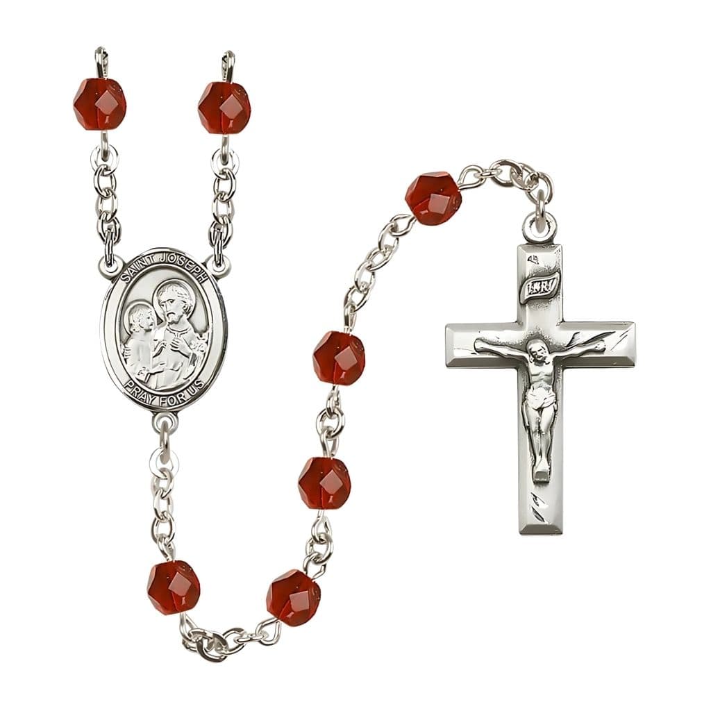St. Joseph Rosary with Pewter Small Crucifix and Centerpiece, Birthstone 6mm Fire Polished Ruby Beads for July