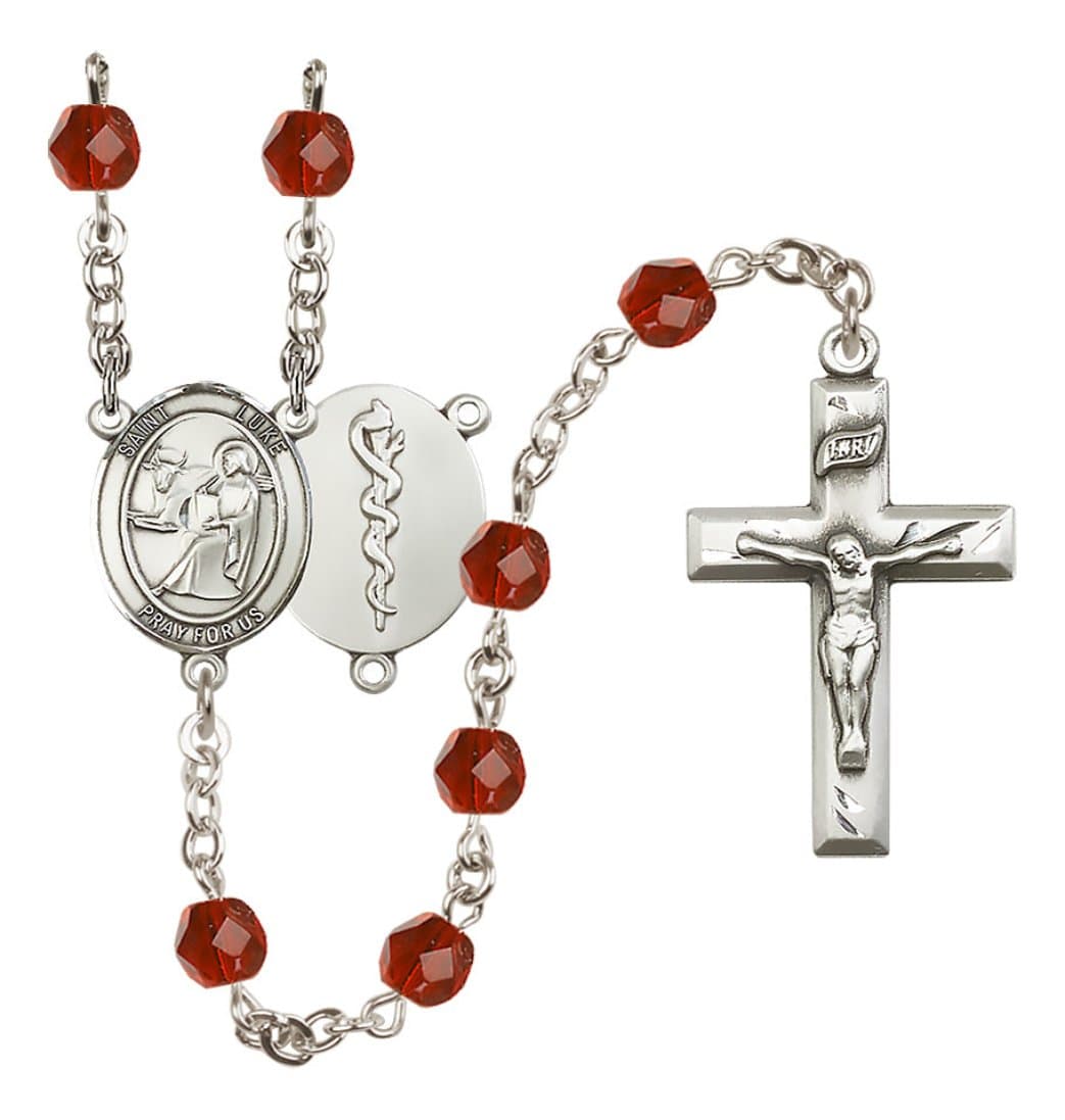 Bliss Silver Plated 6mm Fire Polished Saint Luke the Apostle / Doctor Rosary in Ruby,