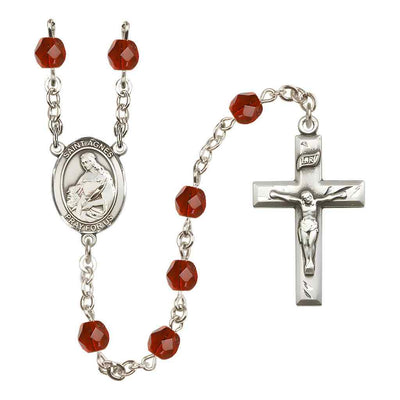 St. Agnes of Rome Rosary with Pewter Small Crucifix and Centerpiece, Birthstone 6mm Fire Polished Ruby Beads for July