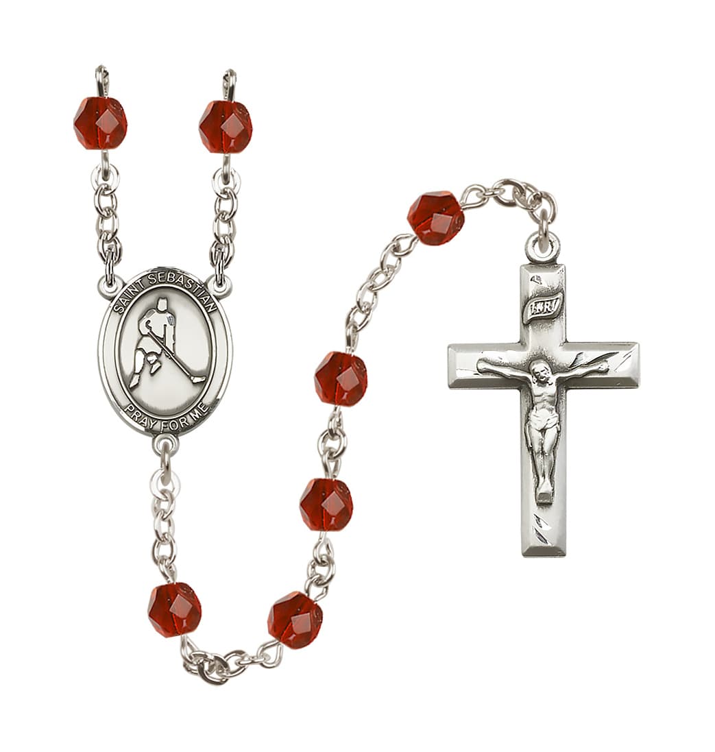 Bliss St Sebastian Ice Hockey 6mm Fire Polished Rosary in Ruby,