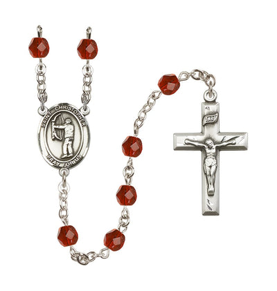 July/Ruby St Christopher Archery 6mm Fire Polished Birthstone Rosary, Bliss Manufacturing