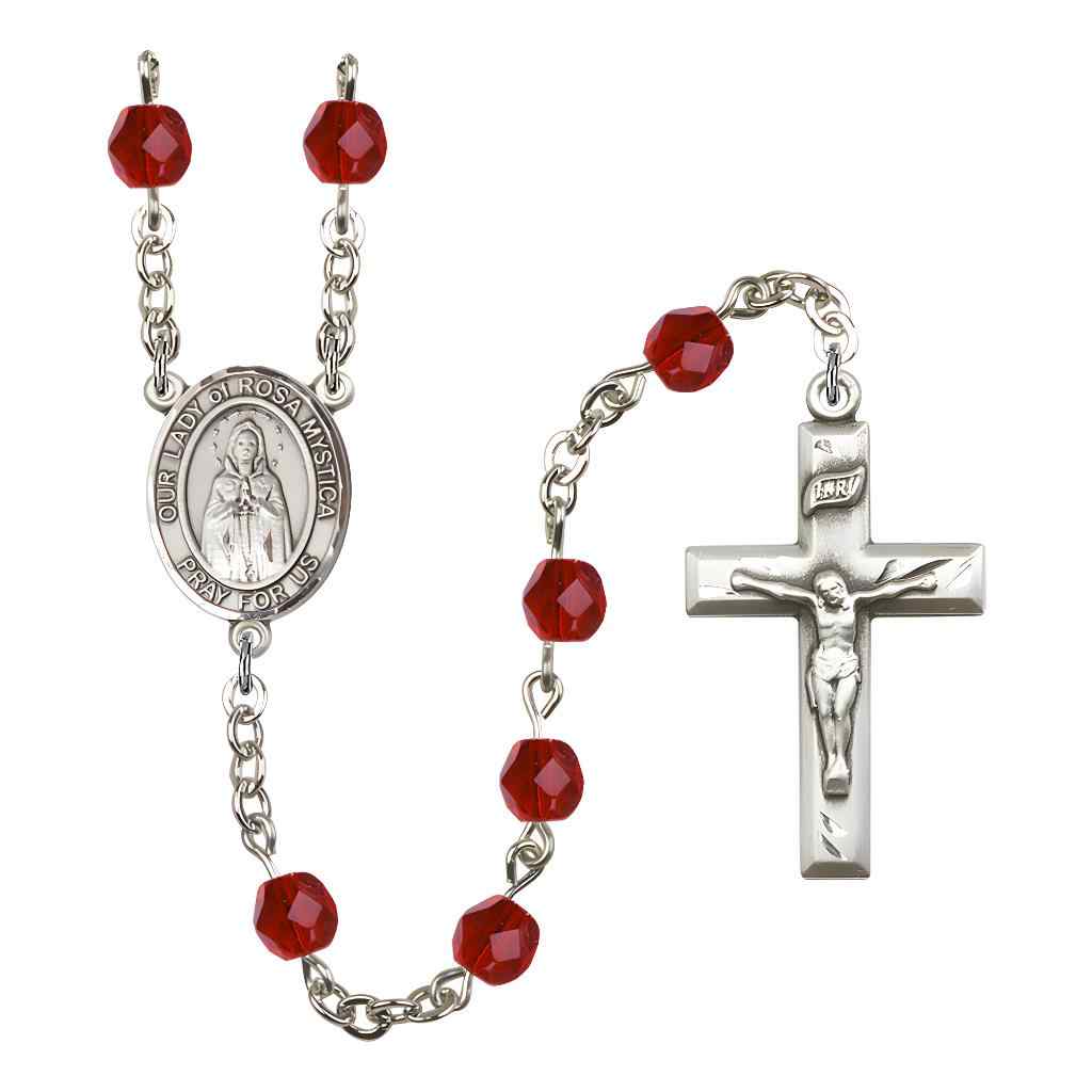 Our Lady of Rosa Mystica Rosary with Pewter Small Crucifix and Centerpiece, Birthstone 6mm Fire Polished Ruby Beads for July