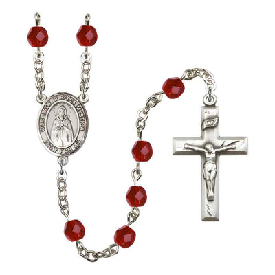Our Lady of Rosa Mystica Rosary with Pewter Small Crucifix and Centerpiece, Birthstone 6mm Fire Polished Ruby Beads for July