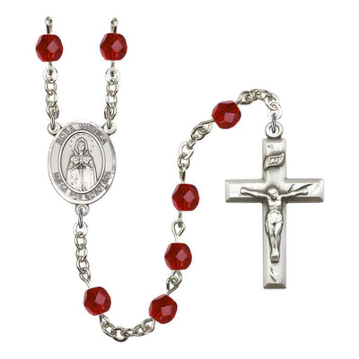 Spanish Rosa Mystica Rosary with 14kt Gold Traditional Crucifix and Centerpiece, Birthstone 6mm Austrian Crystal Ruby Beads for July