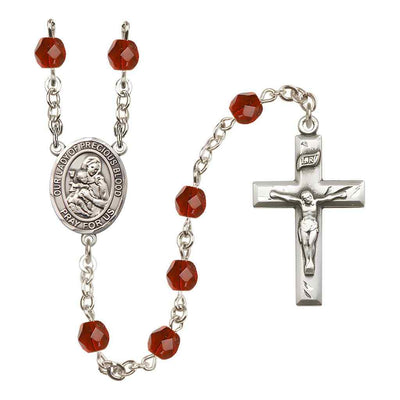 Our Lady of the Precious Blood Rosary with Pewter Small Crucifix and Centerpiece, Birthstone 6mm Fire Polished Ruby Beads for July