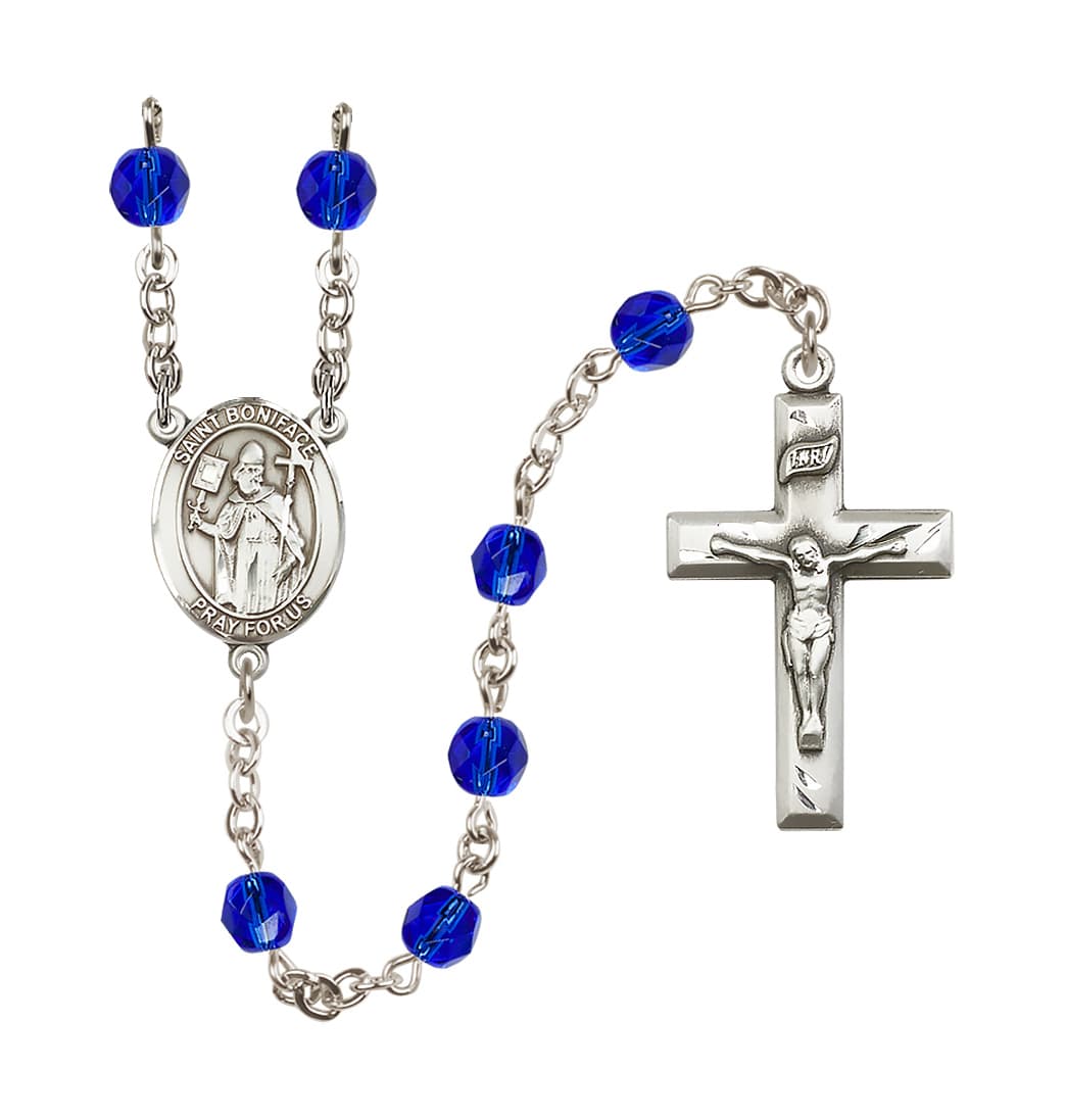 Bliss St Boniface Birthstone September-Sapphire Fire Polished Silver-Plated Rosary,
