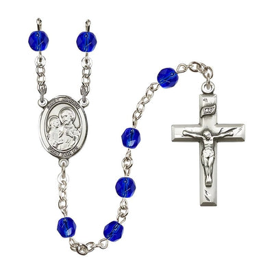 St. Joseph Rosary with Pewter Small Crucifix and Centerpiece, Birthstone 6mm Fire Polished Sapphire Beads for September
