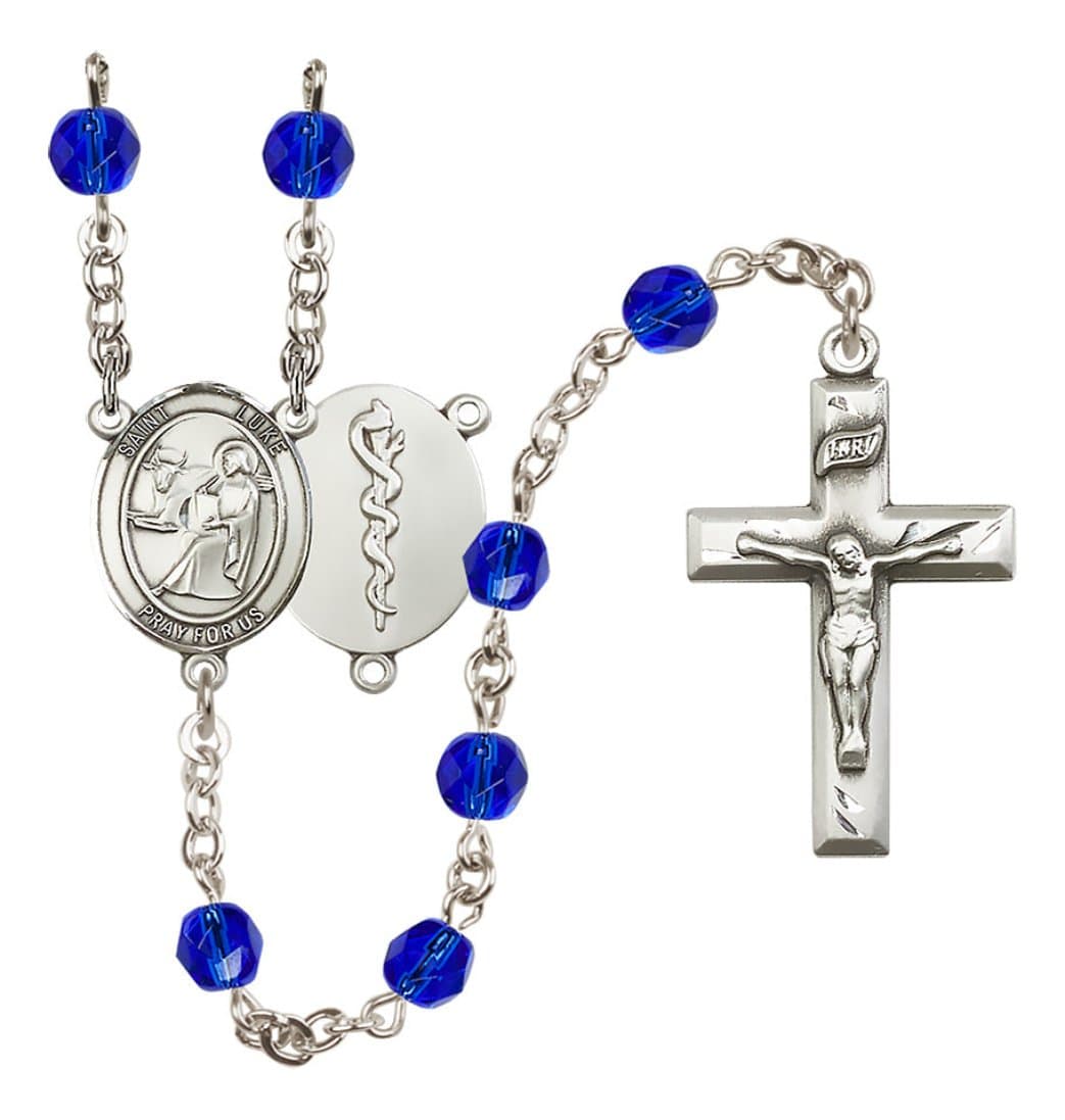 Bliss Silver Plated 6mm Fire Polished Saint Luke the Apostle / Doctor Rosary in Sapphire,