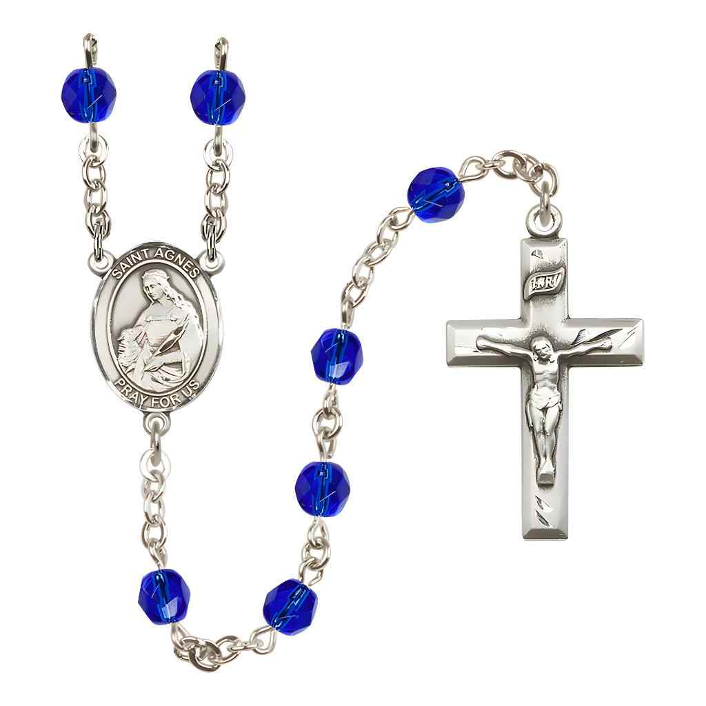 St. Agnes of Rome Rosary with Pewter Small Crucifix and Centerpiece, Birthstone 6mm Fire Polished Sapphire Beads for September