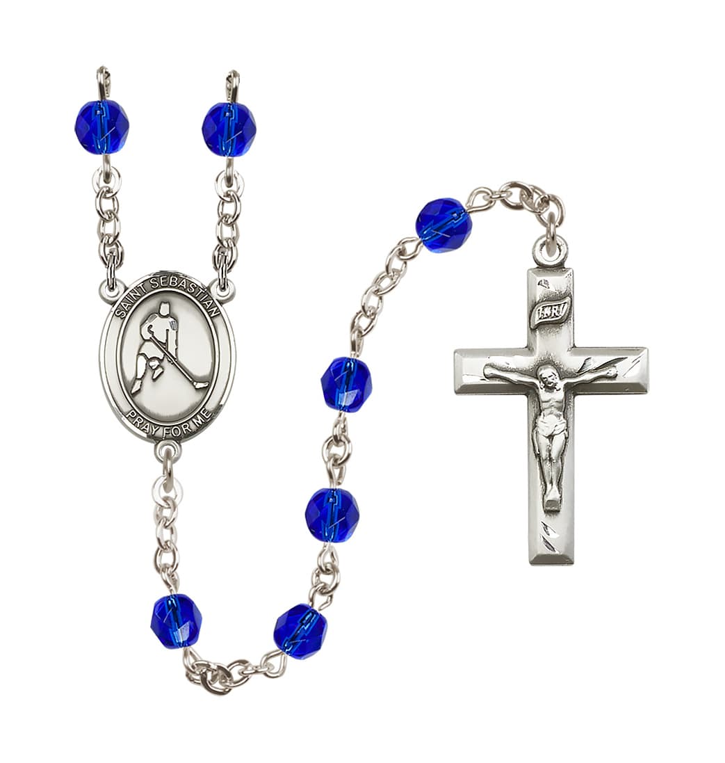 Bliss St Sebastian Ice Hockey 6mm Fire Polished Rosary in Sapphire,