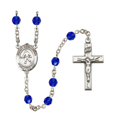 Silver Plated 6mm Fire Polished Saint Sebastian/Field Hockey Rosary in Sapphire, Bliss Manufacturing