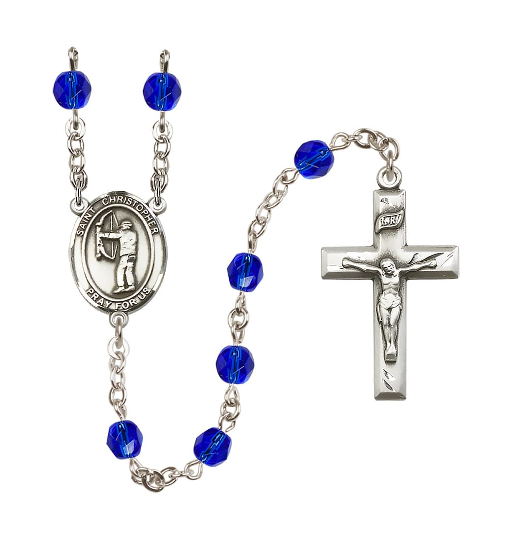 Bliss Sep/Sapphire St Christopher Archery 6mm Fire Polished Birthstone Rosary,