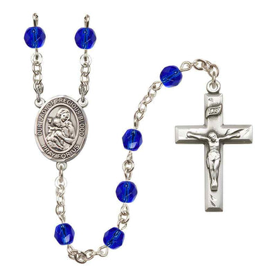 Our Lady of the Precious Blood Rosary with Pewter Small Crucifix and Centerpiece, Birthstone 6mm Fire Polished Sapphire Beads for September
