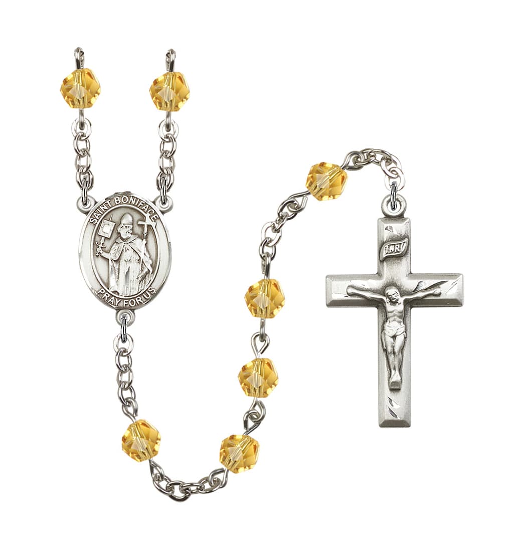 Bliss St Boniface Birthstone November-Topaz Fire Polished Silver-Plated Rosary,