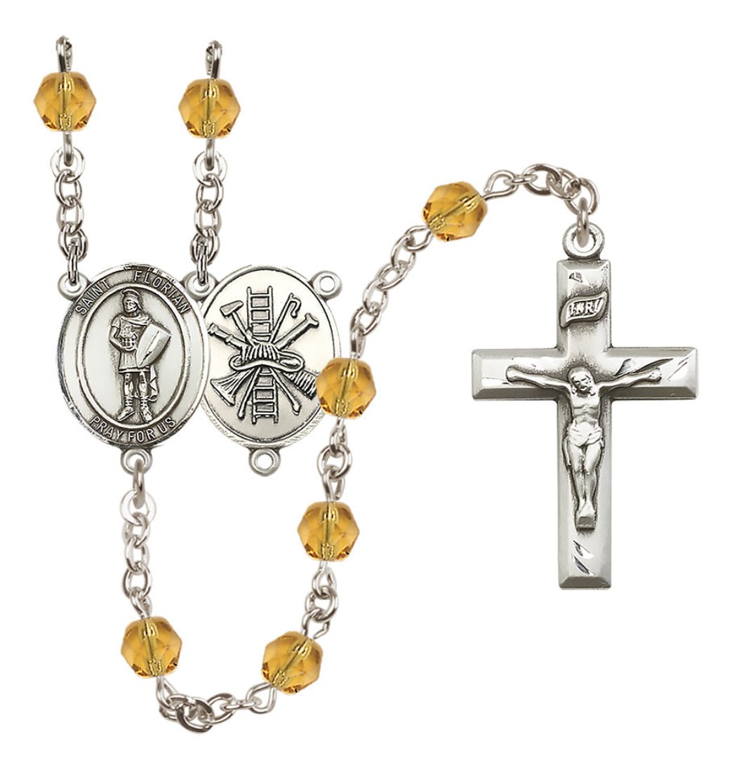 Bliss St Florian Firefighter Center Fire Polished Birthstone Rosary,Birthstone November topaz,