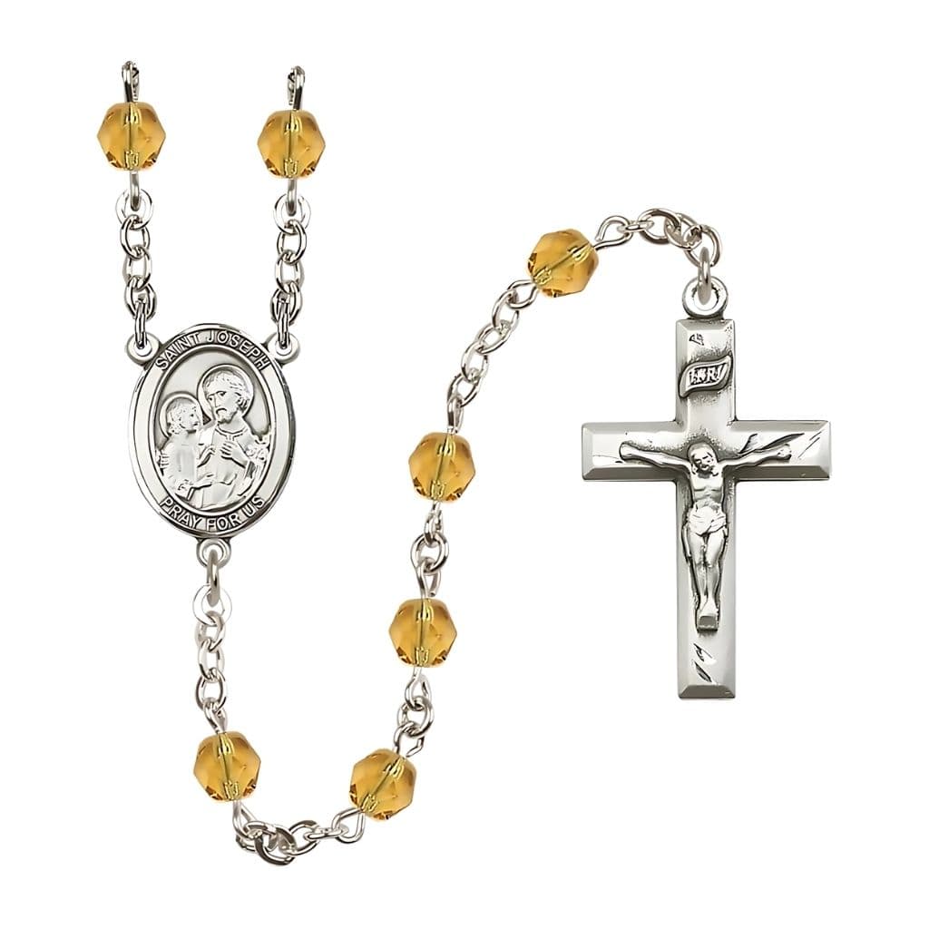 St. Joseph Rosary with Pewter Small Crucifix and Centerpiece, Birthstone 6mm Fire Polished Topaz Beads for November