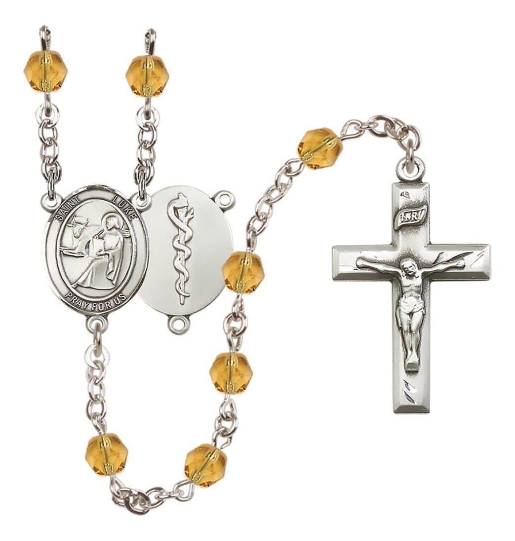 Bliss Silver Plated 6mm Fire Polished Saint Luke the Apostle / Doctor Rosary in Topaz,