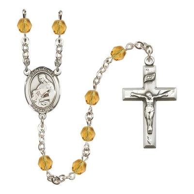 St. Agnes of Rome Rosary with Pewter Small Crucifix and Centerpiece, Birthstone 6mm Fire Polished Topaz Beads for November