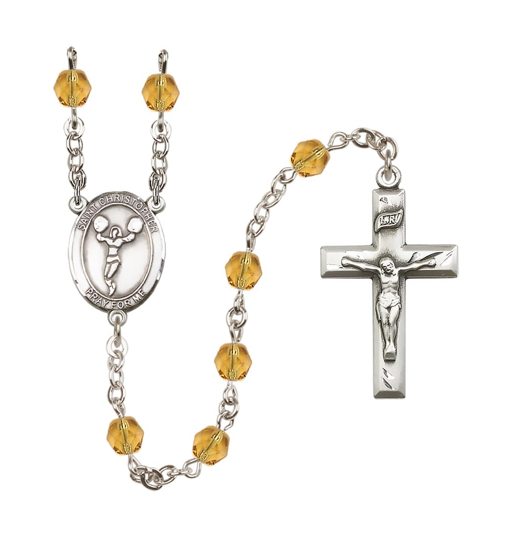 Bliss St Christopher Cheerleading 6mm Fire Polished Rosary in Topaz Crystal,