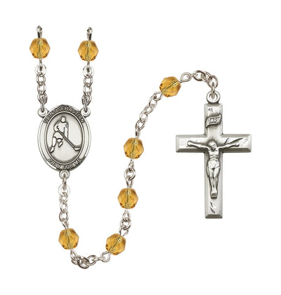 St Sebastian Ice Hockey 6mm Fire Polished Rosary in Topaz, Bliss Manufacturing