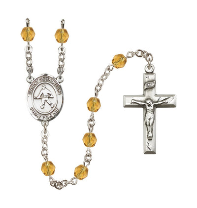 Silver Plated 6mm Fire Polished Saint Sebastian/Field Hockey Rosary in Topaz, Bliss Manufacturing
