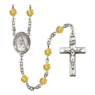Our Lady of Rosa Mystica Rosary with Pewter Small Crucifix and Centerpiece, Birthstone 6mm Fire Polished Topaz Beads for November